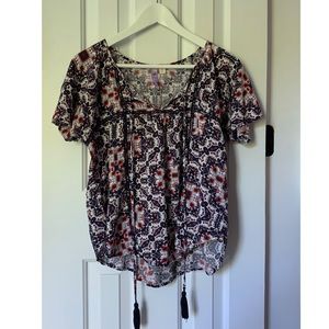 Blue and Orange Peasant T shirt with tie